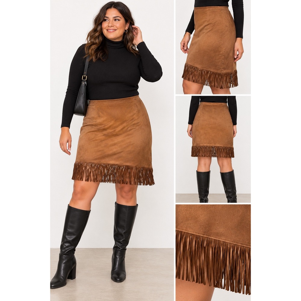 Chicos Faux Suede Fringe Skirt Brown Asymmetrical Western Boho Womens Size 12
